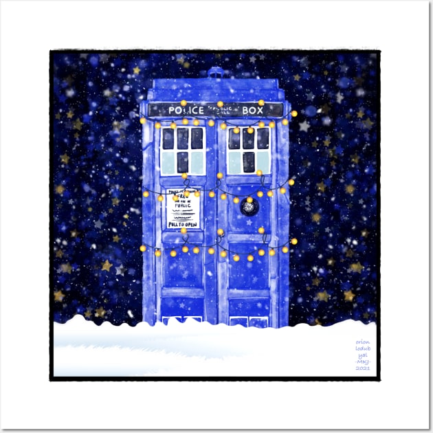 Blue Police Box With Christmas Lights Snow and Stars Wall Art by OrionLodubyal